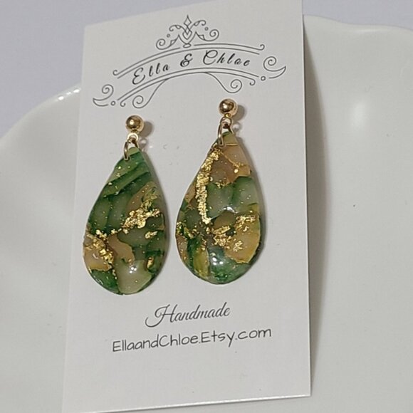 Handcrafted Chunky Green Gold Ball Teardrop Gemstone Agate Drop Dangle Earrings - Picture 6 of 6
